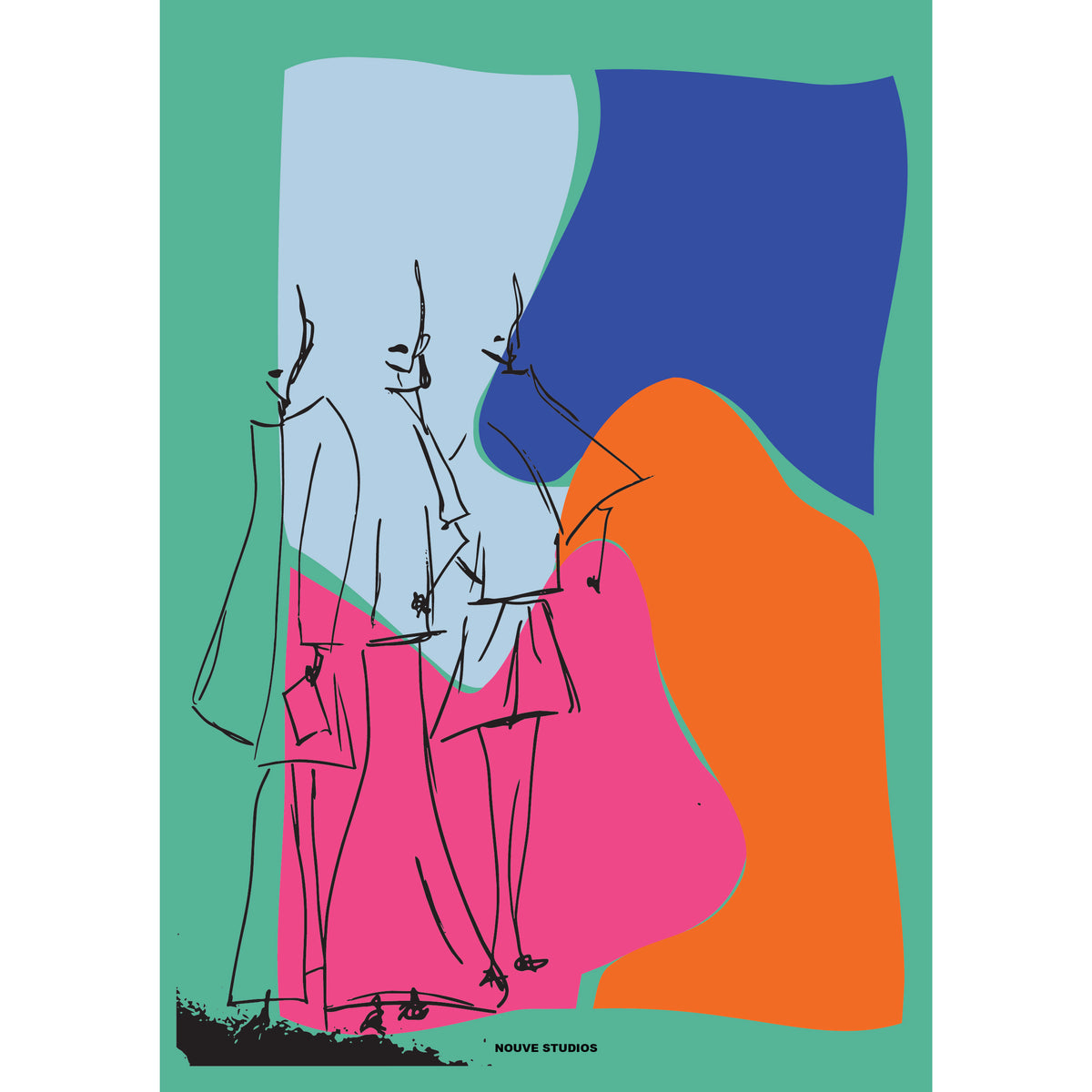 Humae A3 poster in groen van Nouve Studios, handgetekende lijnillustratie van drie figuren in lange jassen op abstracte vlakken in lichtblauw, kobaltblauw, oranje en fuchsia tegen een felgroene achtergrond.