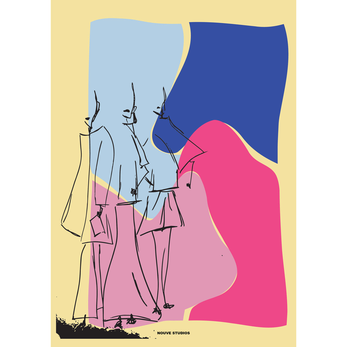 Humae A3 poster in geel van Nouve Studios, handgetekende lijnillustratie van drie figuren in lange jassen op abstracte vlakken in lichtblauw, kobaltblauw, fuchsia en lila tegen een zachtgele achtergrond.