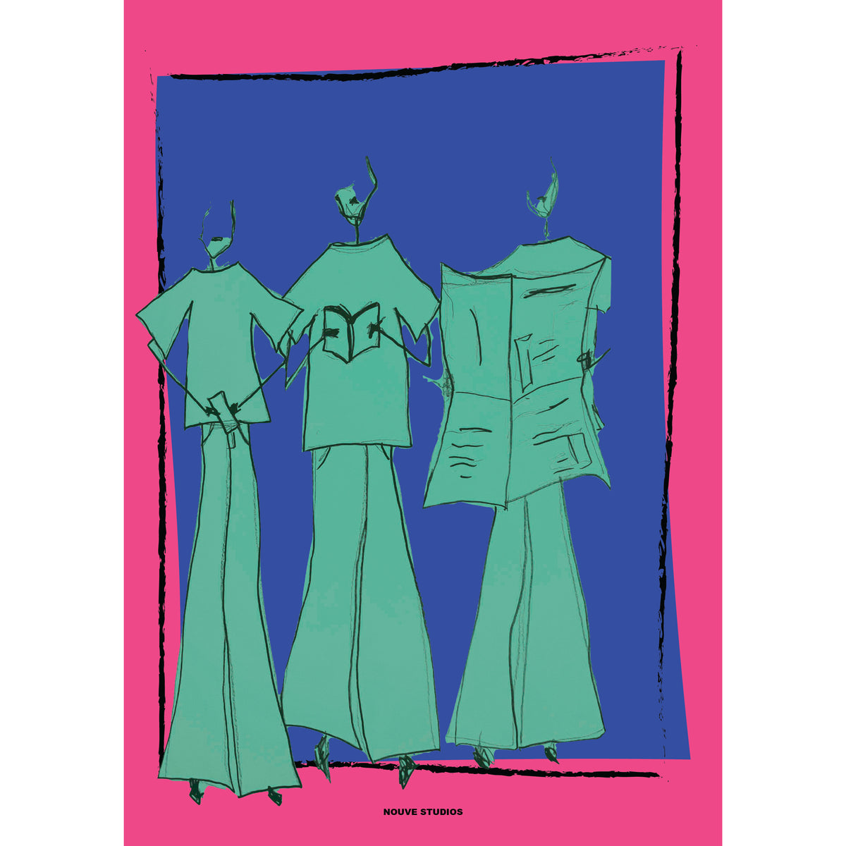 Vida A3 poster in roze van Nouve Studios, handgetekende illustratie van drie groene figuren in oversized shirts en wijde flared broeken, een met een boek en een met een krant, tegen een kobaltblauw vlak met zwarte penseelrand op een felroze achtergrond.
