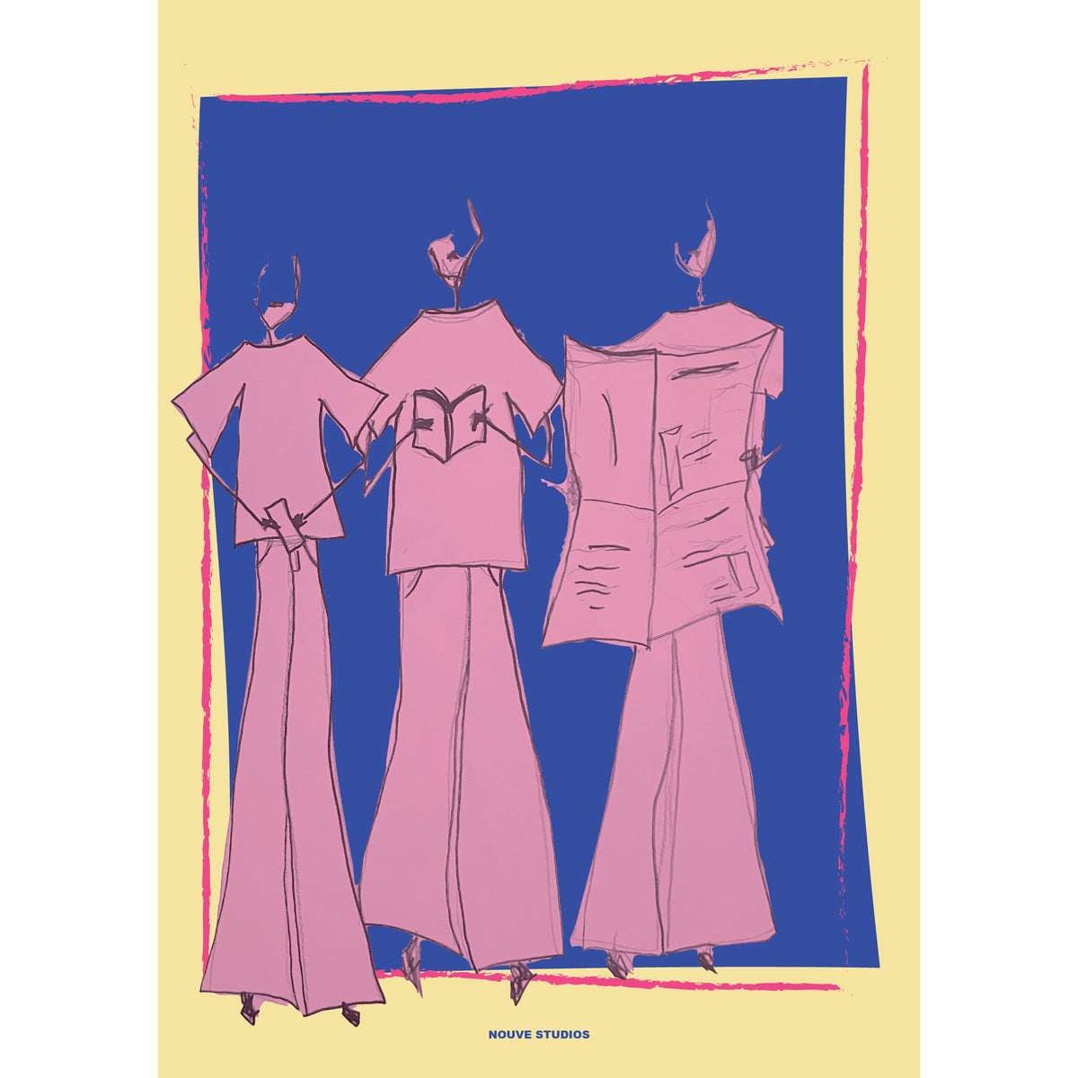 Vida A3 poster in geel van Nouve Studios, handgetekende illustratie van drie lila figuren in oversized shirts en wijde flared broeken, een met een boek en een met een krant, tegen een kobaltblauw vlak met roze penseelrand op een zachtgele achtergrond.