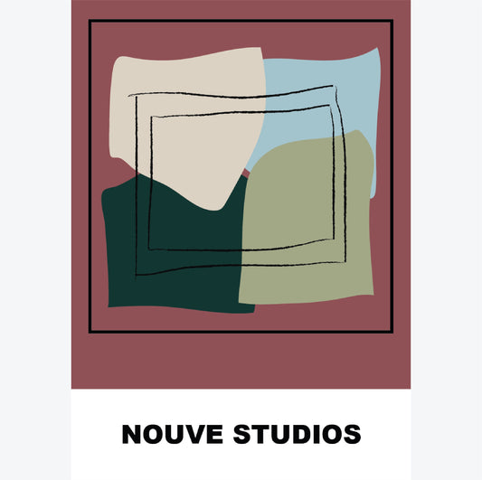 Abstracte geometrische poster van Nouve Studios met rode, groene en beige kleurvlakken