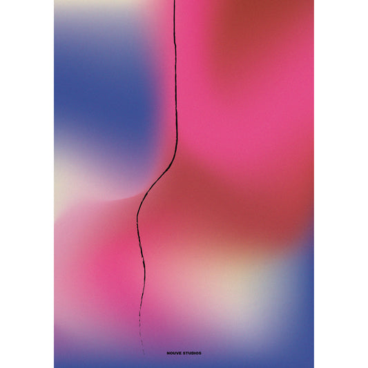 Aure A3 poster in roze van Nouve Studios, abstracte kleurverloop print in roze, blauw, rood en crème met een zwarte handgetekende lijn.