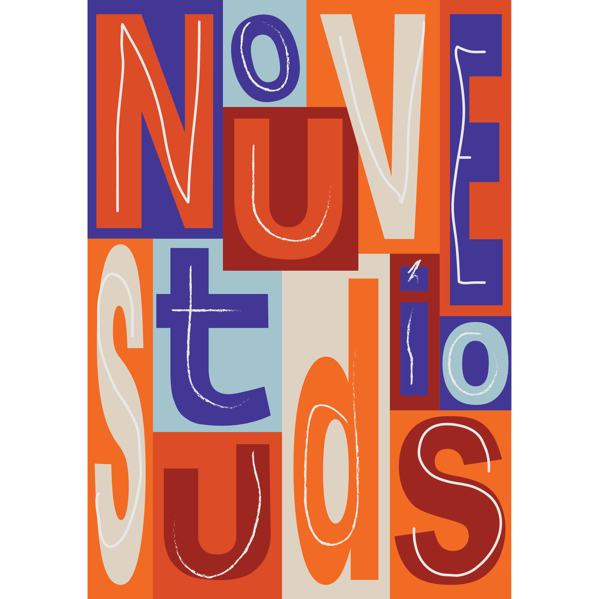 Aya A3 poster in rood van Nouve Studios, typografische collage van de woorden Nouve Studios in grote letterblokken in rood, oranje, donkerrood, kobaltblauw, mintgroen en crème met witte handgetekende lijnen.