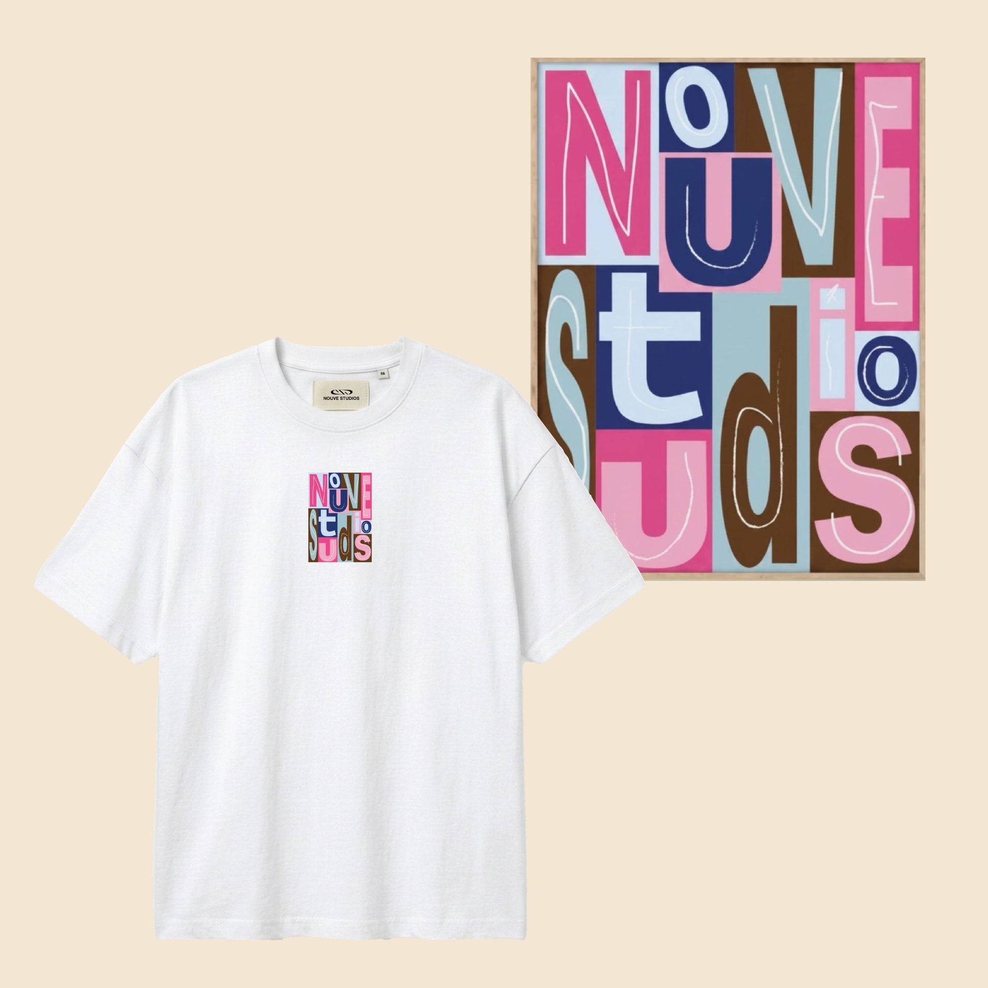 Aya bundle van Nouve Studios met wit T-shirt en bijpassende poster met abstracte mode-illustratie in groen en beige