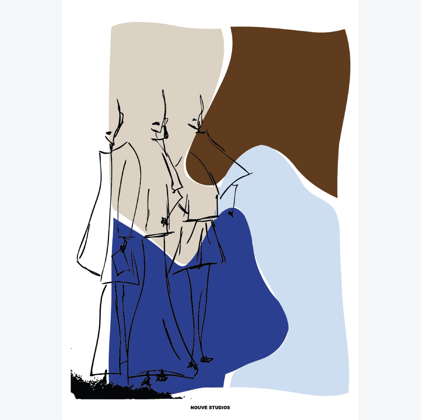 Mode illustratie poster van Nouve Studios met abstracte figuren in blauw, bruin en beige