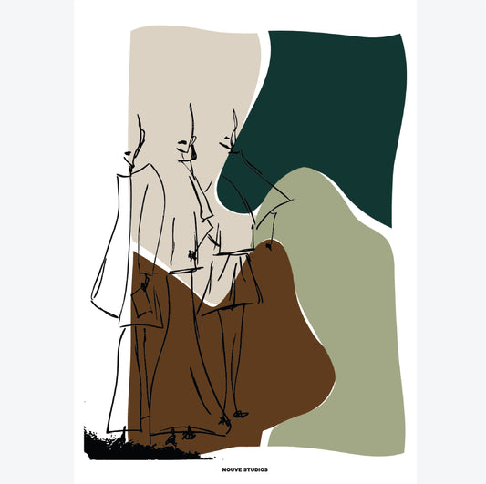 Mode illustratie poster van Nouve Studios met abstracte figuren in groen, bruin en beige