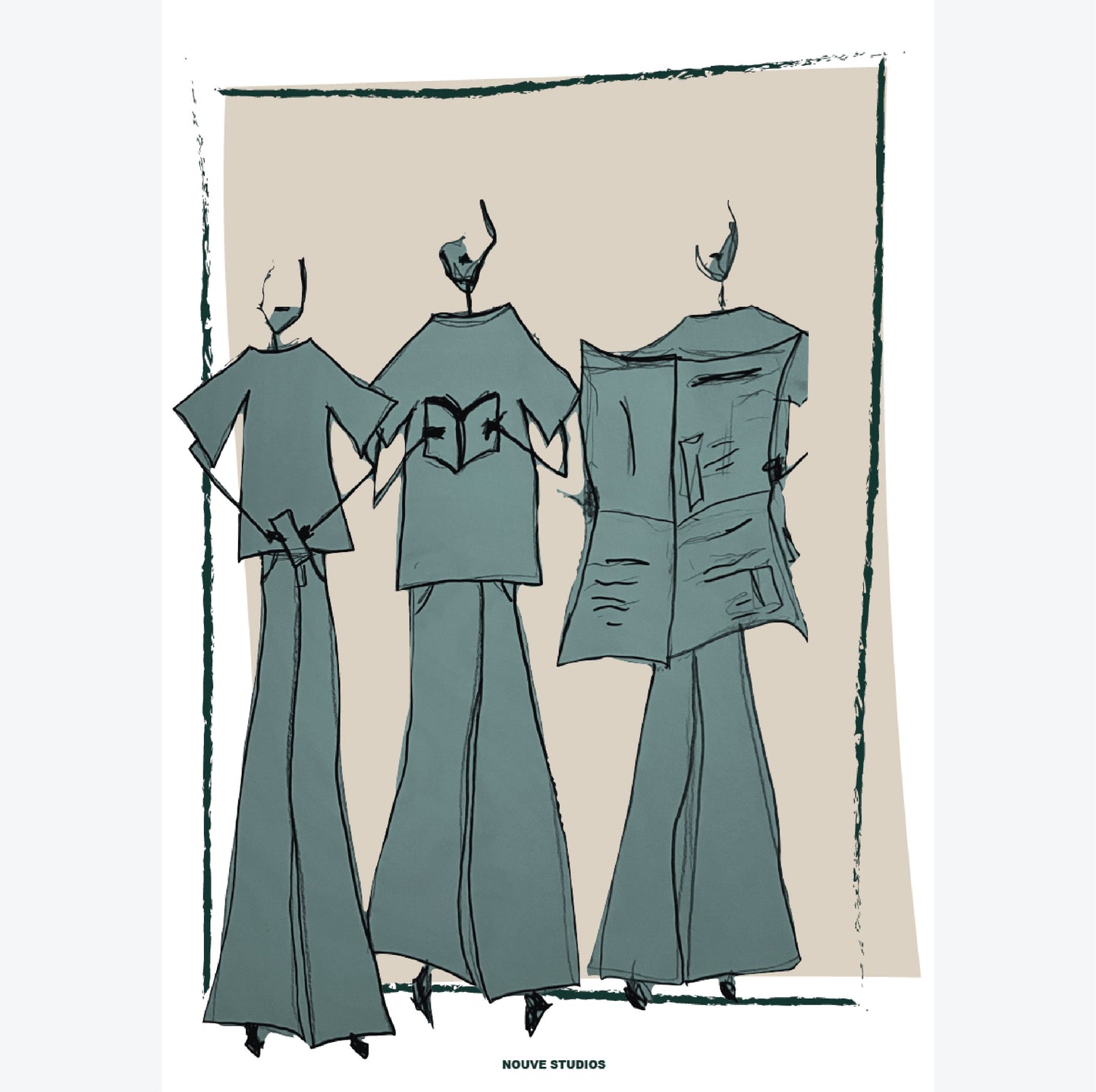 Mode illustratie poster van Nouve Studios met drie figuren in groen en beige