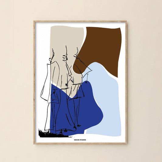 Humae poster van Nouve Studios aan een creme muur met abstracte mode illustratie in blauw, bruin en beige