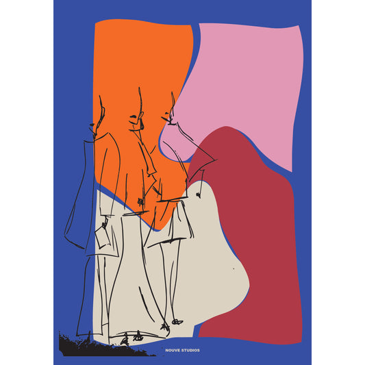 Humae A3 poster in blauw van Nouve Studios, handgetekende lijnillustratie van drie figuren in lange jassen op abstracte vlakken in oranje, roze, bordeauxrood en crème tegen een felblauwe achtergrond