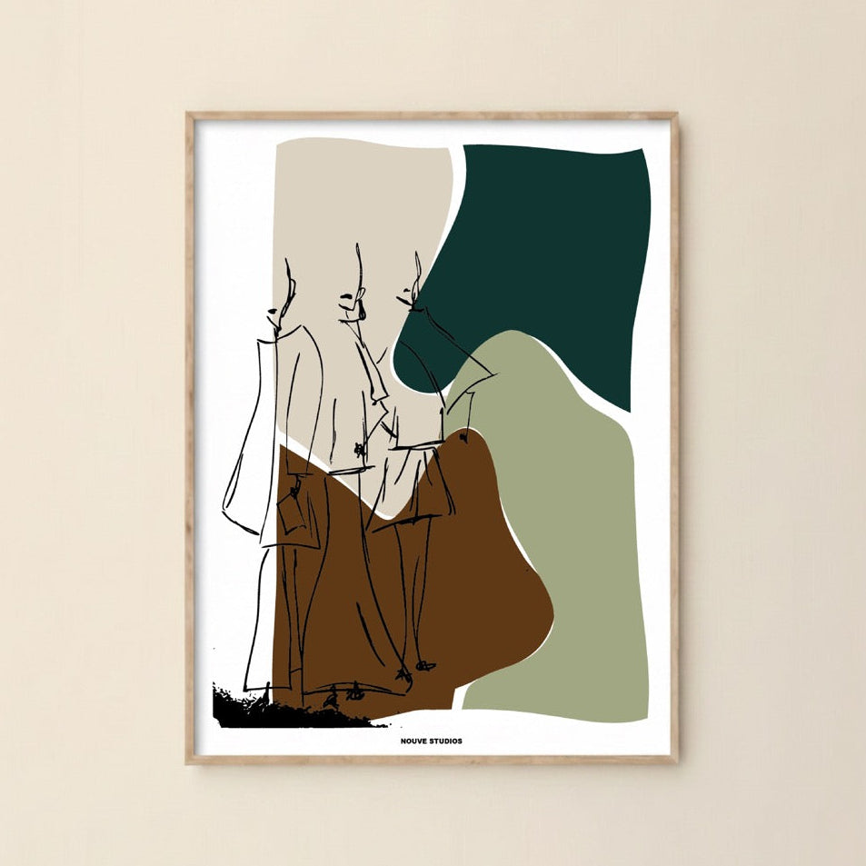 Humae poster van Nouve Studios aan een creme muur met abstracte mode illustratie in groen, bruin en beige