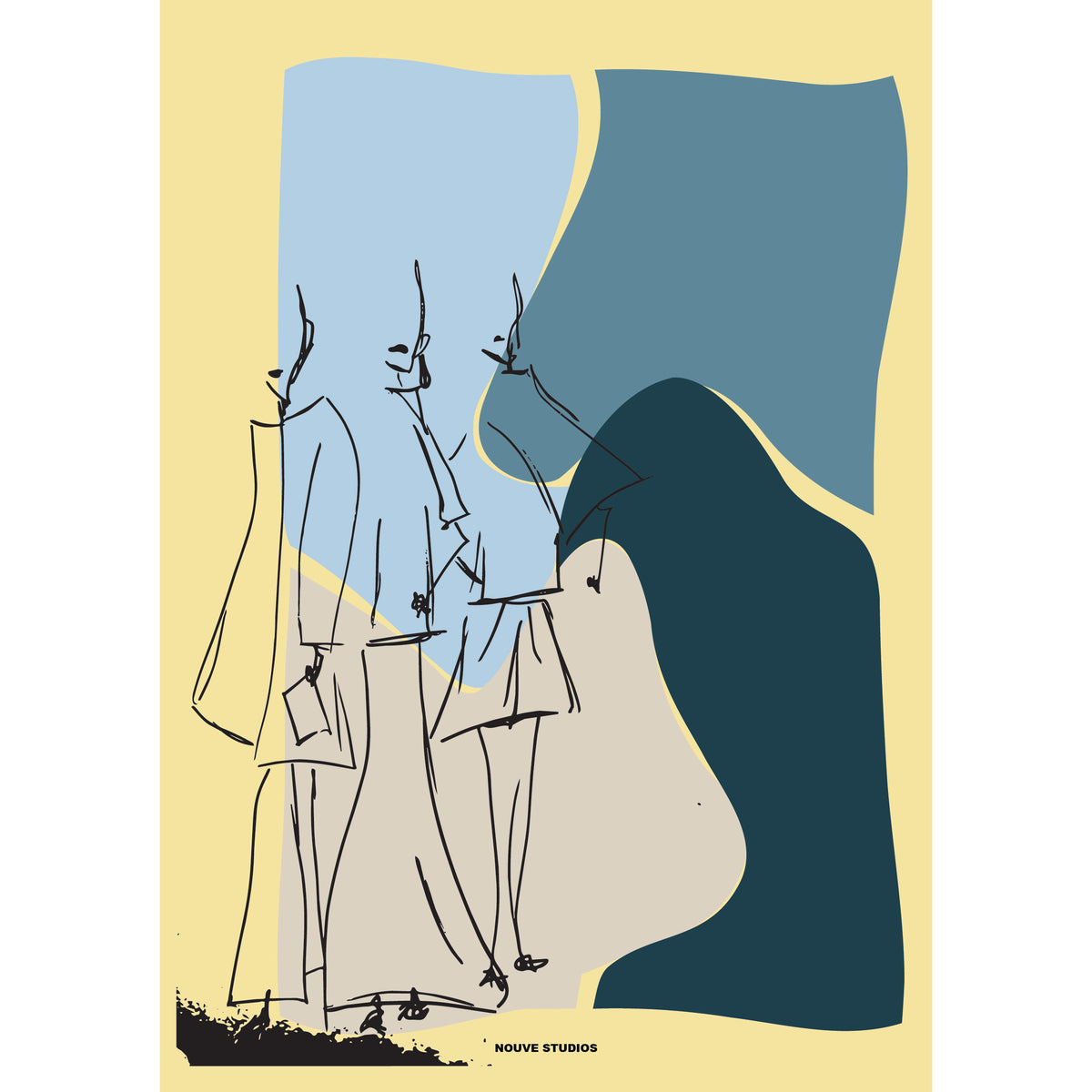 Humae A3 poster in sage van Nouve Studios, handgetekende lijnillustratie van drie figuren in lange jassen op abstracte vlakken in lichtblauw, petrol, donkerblauw en crème tegen een zachtgele achtergrond.