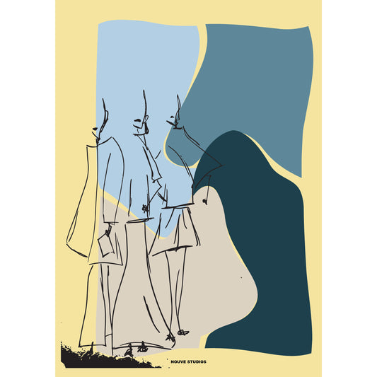 Humae A3 poster in sage van Nouve Studios, handgetekende lijnillustratie van drie figuren in lange jassen op abstracte vlakken in lichtblauw, petrol, donkerblauw en crème tegen een zachtgele achtergrond.