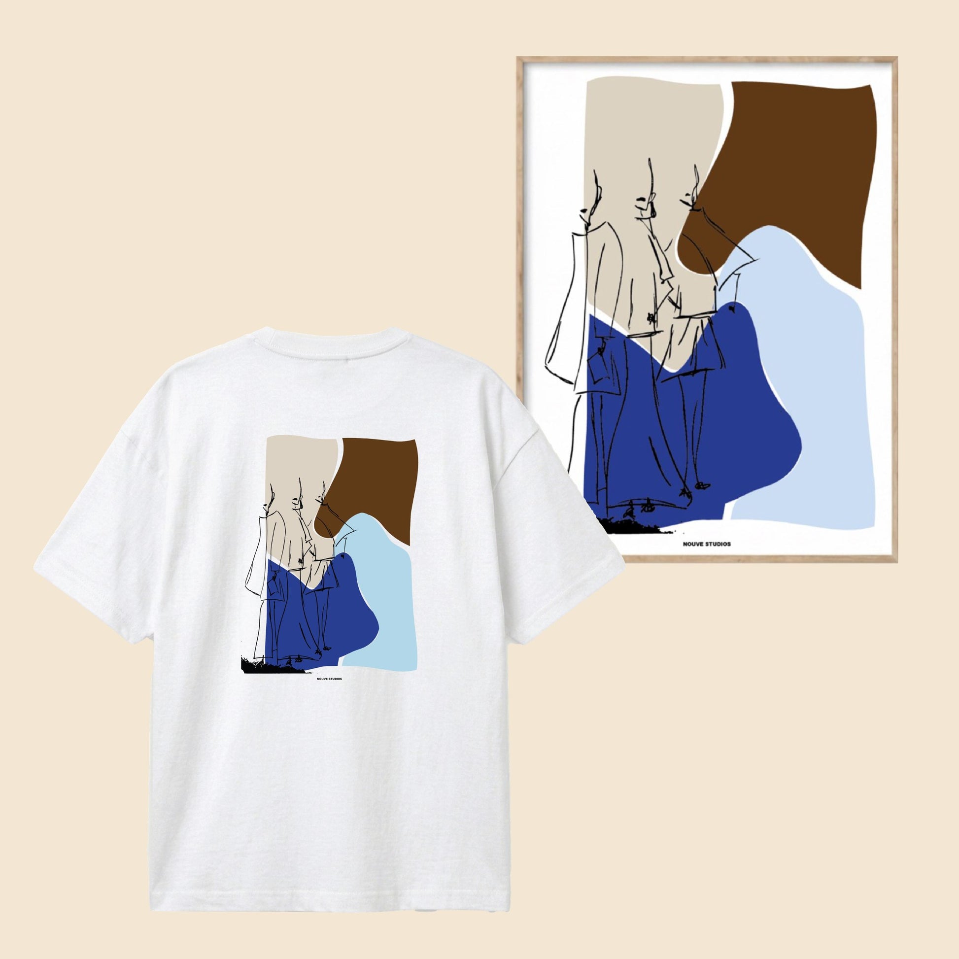 Humae bundle van Nouve Studios met wit T-shirt en bijpassende poster met abstracte mode-illustratie in groen en beige