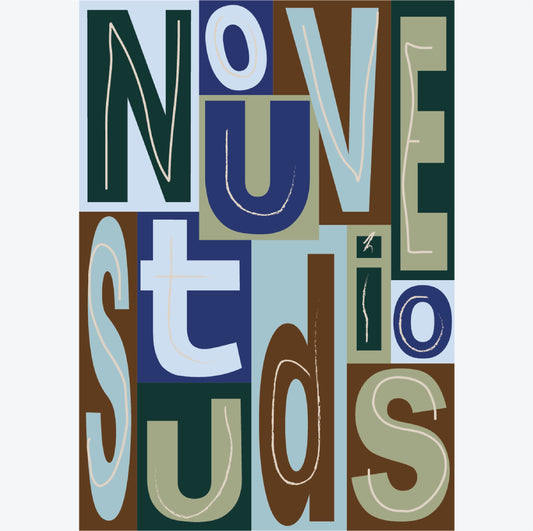Typografische poster van Nouve Studios met abstracte letters in groen, blauw en bruin