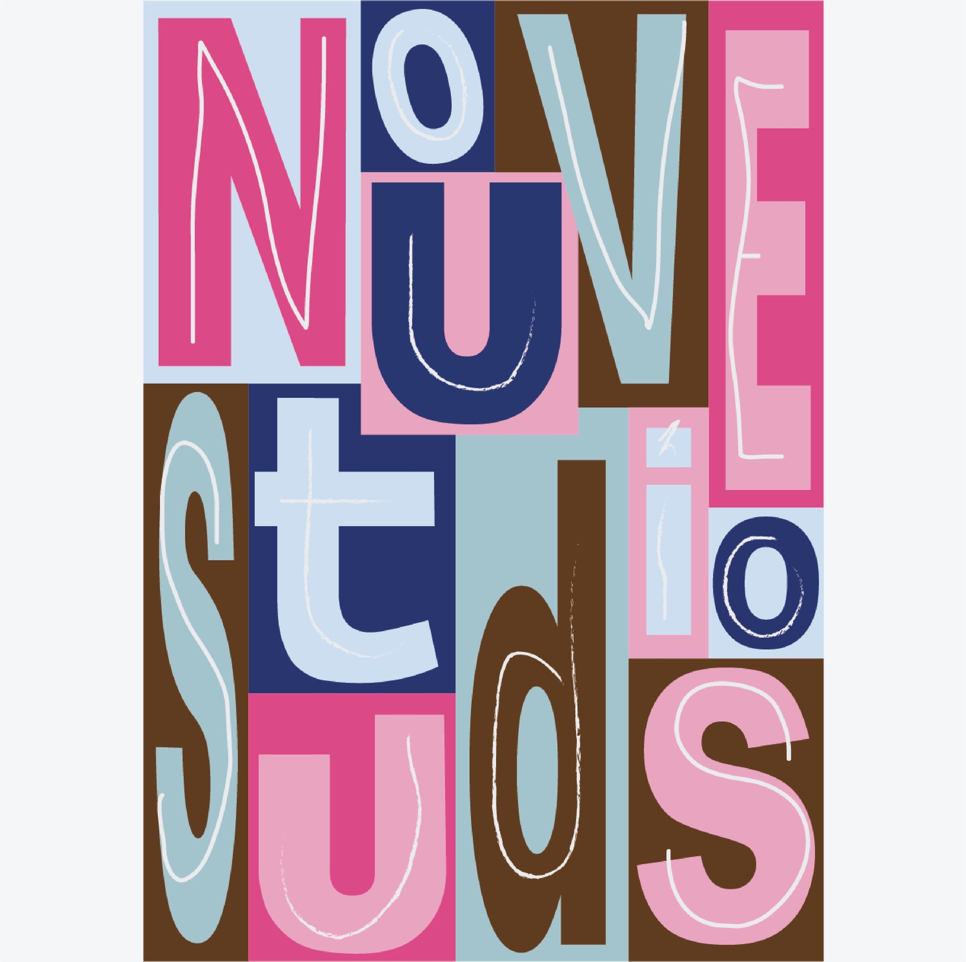 Typografische poster van Nouve Studios met abstracte letters in roze, blauw en bruin