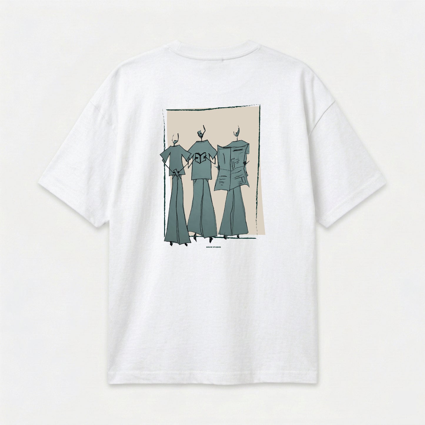 Wit T-shirt van Nouve Studios met illustratieprint op de achterkant in flat lay productfoto