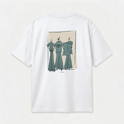 Wit T-shirt van Nouve Studios met illustratieprint op de achterkant in flat lay productfoto