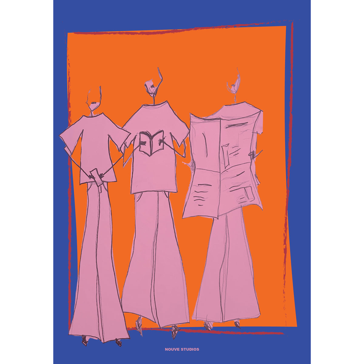 Vida A3 poster in blauw van Nouve Studios, handgetekende illustratie van drie lila figuren in oversized shirts en wijde flared broeken, een met een boek en een met een krant, tegen een oranje vlak met bordeauxrode penseelrand op een felblauwe achtergrond.