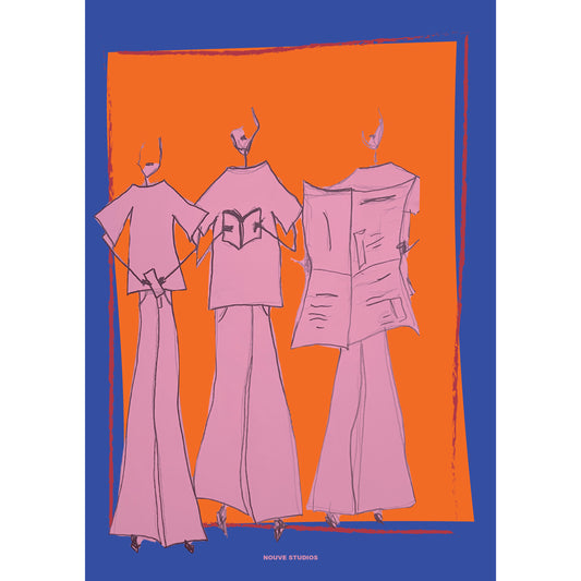 Vida A3 poster in blauw van Nouve Studios, handgetekende illustratie van drie lila figuren in oversized shirts en wijde flared broeken, een met een boek en een met een krant, tegen een oranje vlak met bordeauxrode penseelrand op een felblauwe achtergrond.