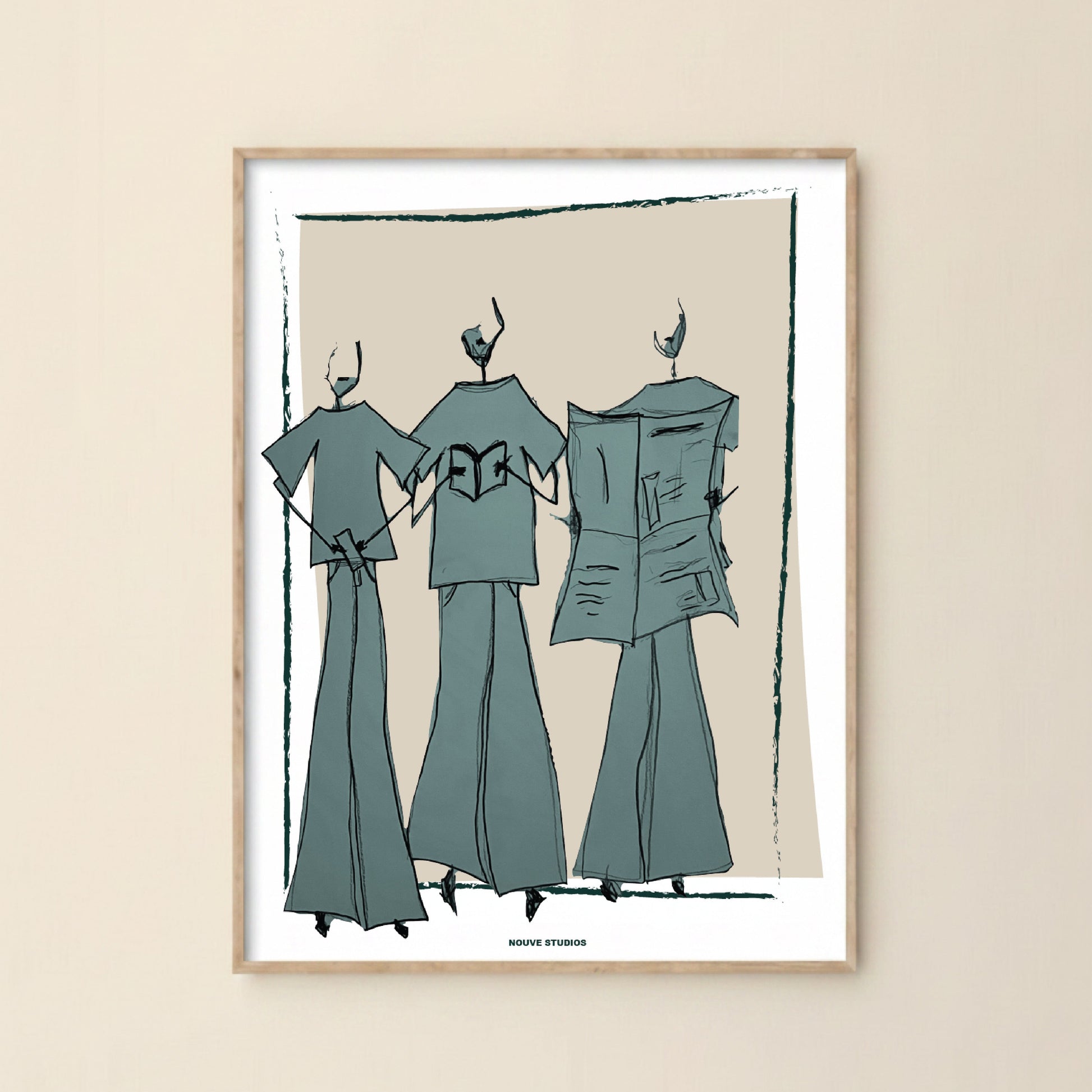 Vida poster van Nouve Studios aan een creme muur met mode illustratie in groen en beige