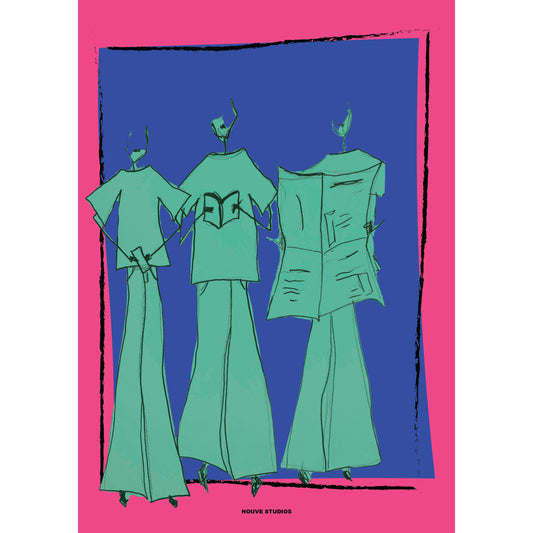 Vida A3 poster in roze van Nouve Studios, handgetekende illustratie van drie groene figuren in oversized shirts en wijde flared broeken, een met een boek en een met een krant, tegen een kobaltblauw vlak met zwarte penseelrand op een felroze achtergrond.