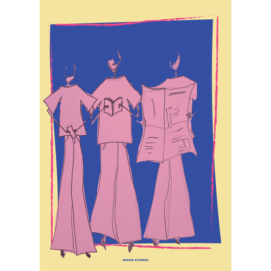 Vida A3 poster in geel van Nouve Studios, handgetekende illustratie van drie lila figuren in oversized shirts en wijde flared broeken, een met een boek en een met een krant, tegen een kobaltblauw vlak met roze penseelrand op een zachtgele achtergrond.