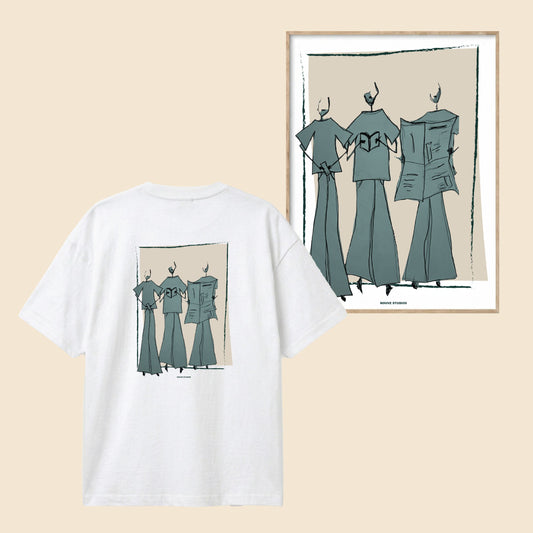Vida bundle van Nouve Studios met wit T-shirt en bijpassende poster met abstracte mode-illustratie in groen en beige
