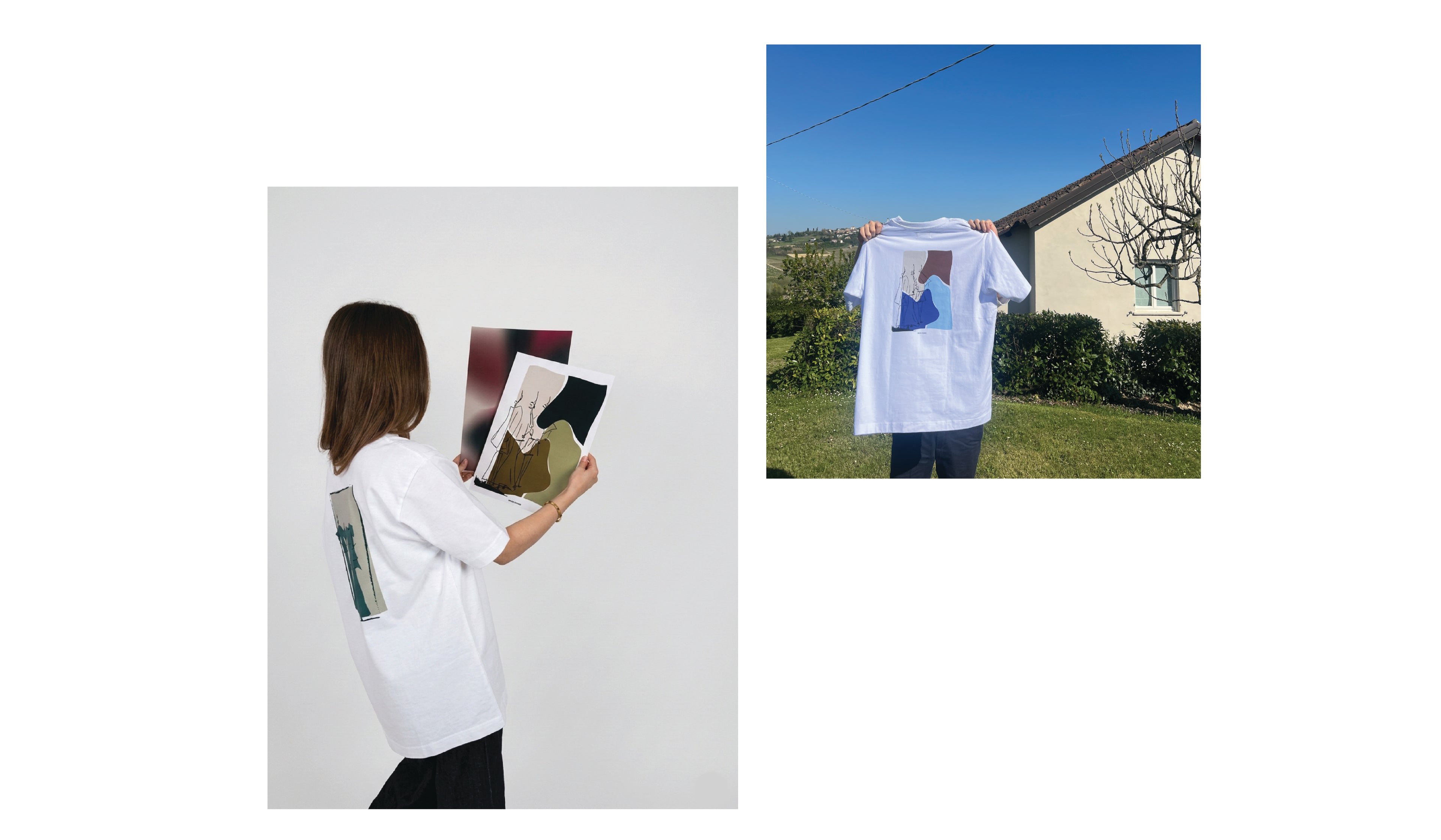 Webshop banner van Nouve Studios met lifestyle beelden van art prints en wit T-shirt